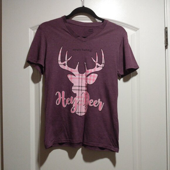 Heathered Purple V Neck Tee Deer Graphic - Picture 1 of 4